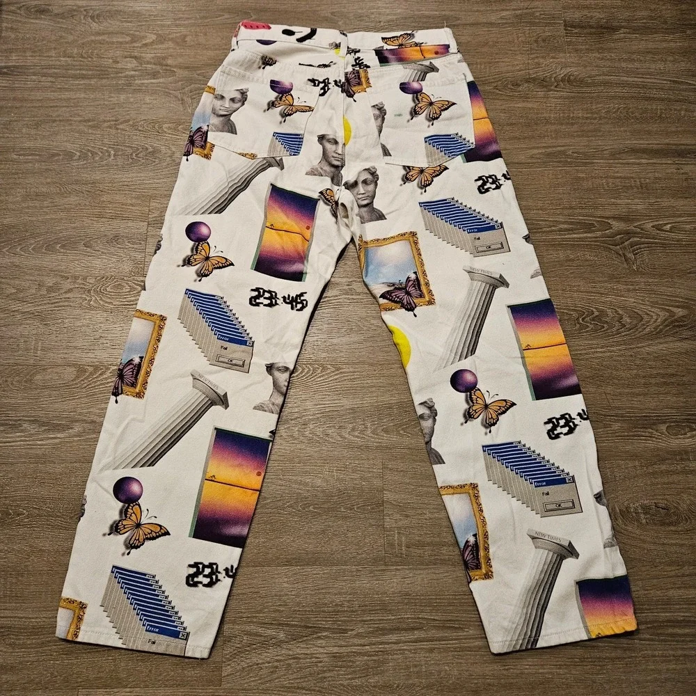 Bershka Graphic Print Straight Leg Jeans Men's 31 White Butterfly Art Denim